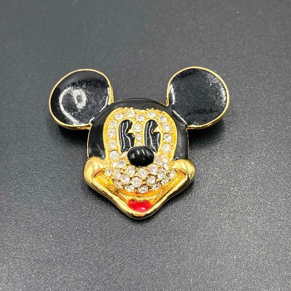 Disney Signed Vintage Rhinestone Mickey Face‎ Head Enamel Ears Brooch